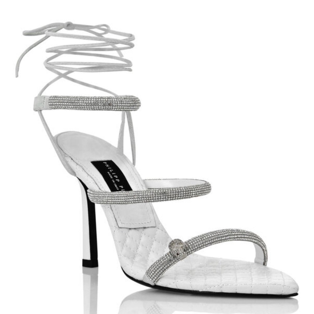 Philipp Plein crystal embellished 105mm White and Silver Strappy Heels